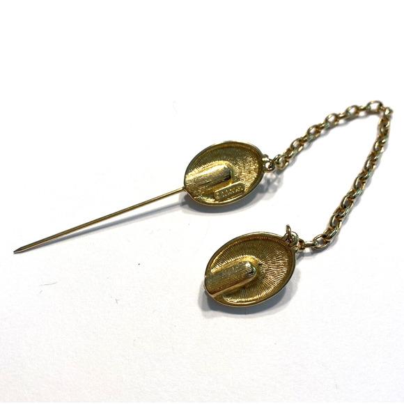 Vintage Monet Stick Pin Brooch Unique Gold & Ivory Enamel Faux Pearl with Chain - Picture 4 of 7